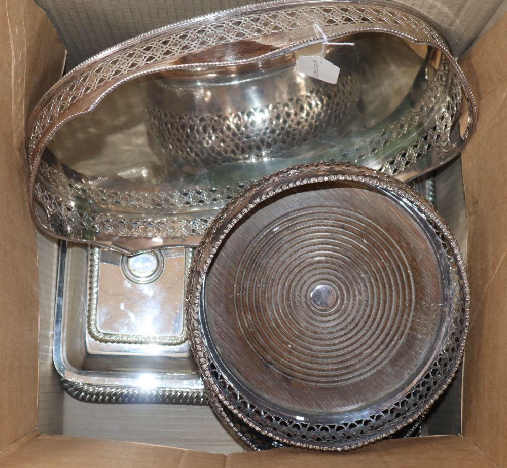 A quantity of silver plate including a tray, two large bottle coasters and 2 entree dishes